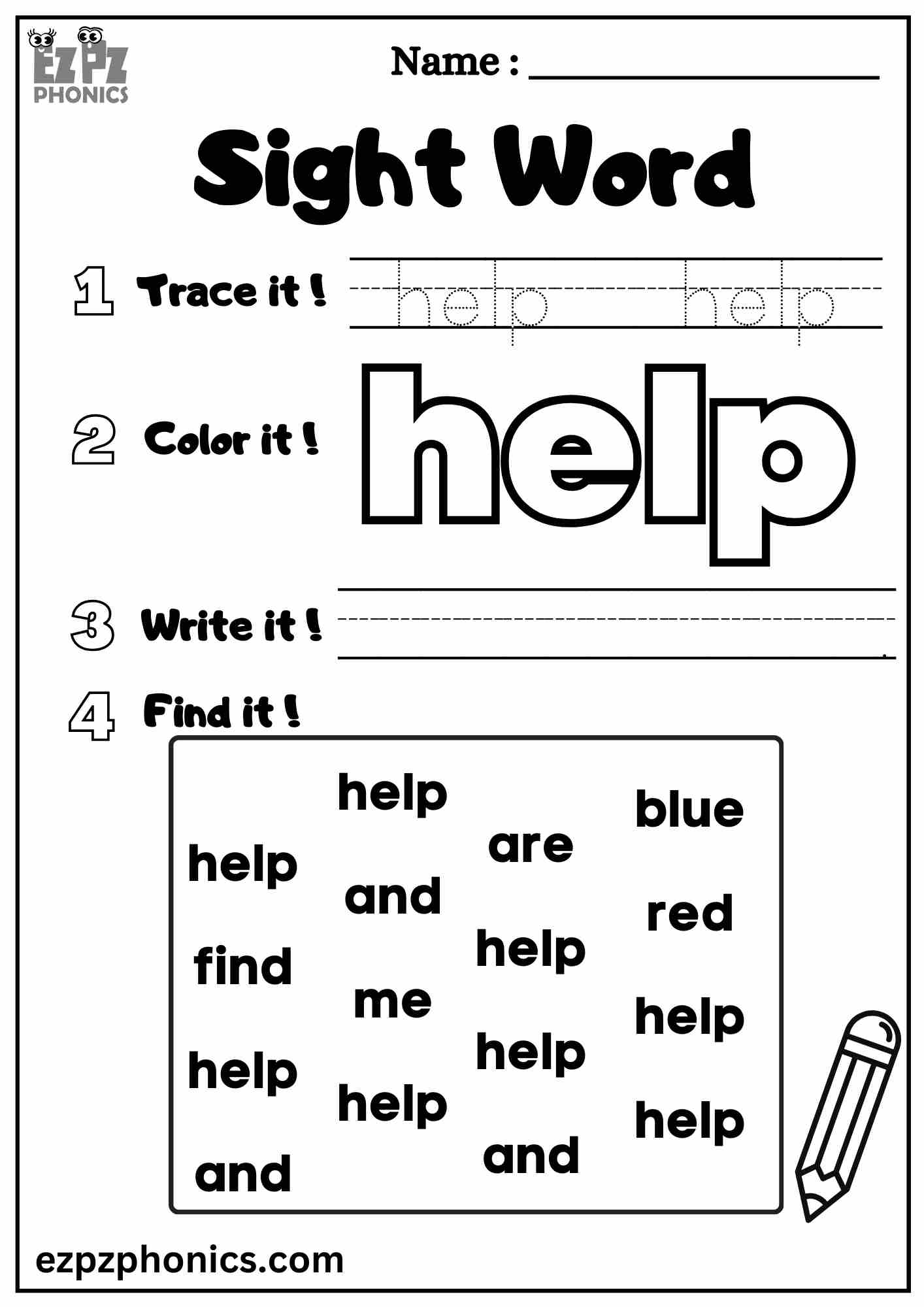 The "Help" Sight Word Worksheet for Pre-Kindergarten Students Dolch Sight Words Free PDF Download